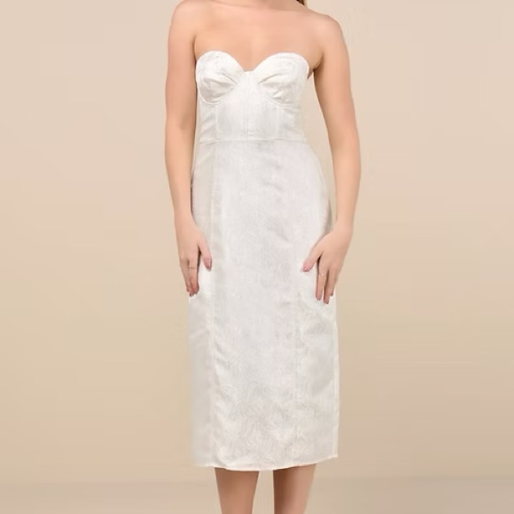 NWT Lulu's Strapless Ivory Dress Bridal Wear Bustier Top Jacquard Midi Dress